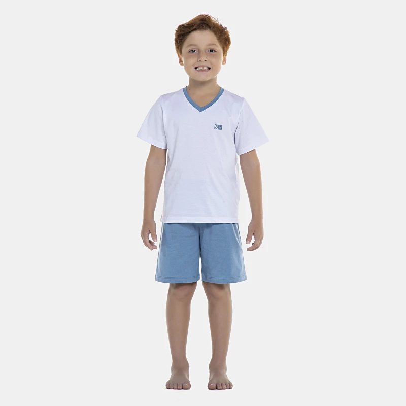 Pijama Masculino Kids Manga Curta e Bermuda Decote V