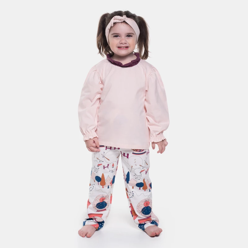 Pijama Feminino Blusa Manga Longa Babado e Calça Estampada