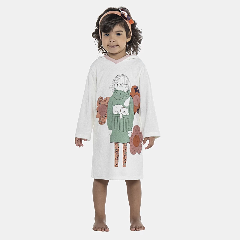 Roupão Feminino Baby Manga Longa Fechado Com Capuz Atoalhado