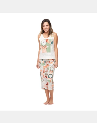 Pijama Feminino Sonhart regata Média e corsário Estampada