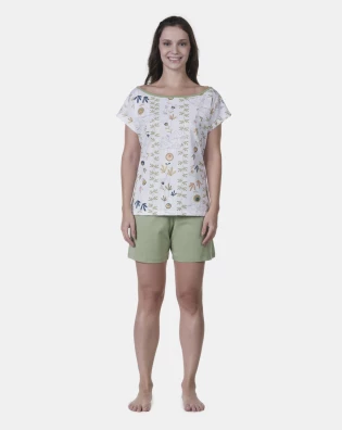 Pijama Curto Feminino Sonhart Blusa Canoa  e bermuda Verde    