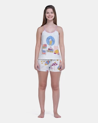 Pijama Curto Feminino Regata Alça Fina e Short Estampa Pat