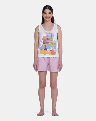 Pijama Curto Feminino Regata Estampada e Short Liso