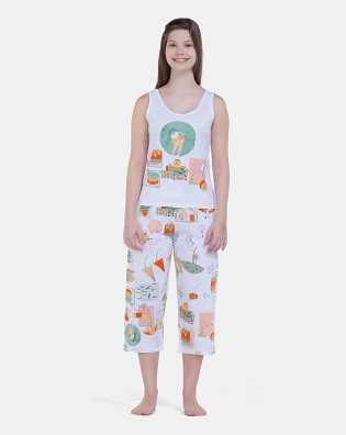Pijama Feminino Regata Média e Calça Corsário Estampada