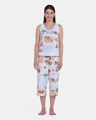 Pijama Feminino Regata Média e Calça Corsário Estampada
