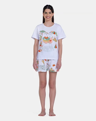 Pijama Feminino Blusa Manga Curta e Short Estampa Pat e Annie
