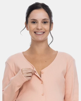 Pijama Gestante Blusa V Botões Manga Longa e Calça Estampa Pat e Annie