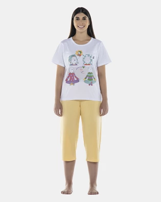 Pijama Feminino Adulto Manga Curta e Corsário