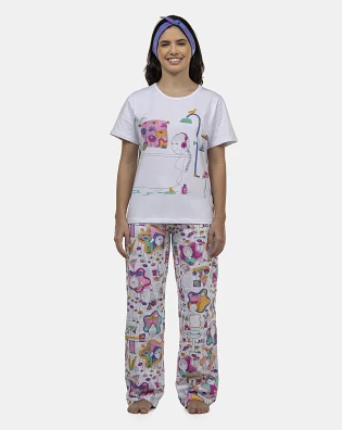 Pijama Feminino Adulto Manga Curta e Calça
