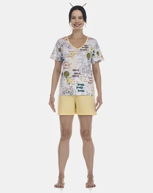 Pijama Feminino Adulto Manga Curta Decote V e Short
