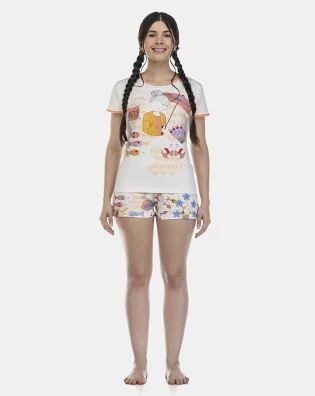 Pijama Feminino Adulto Baby-Look Manga Curta e Short