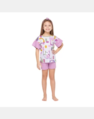Pijama Feminino Curto Infantil Blusa manga curta e short Lavanda