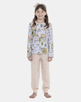 Pijama Feminino Kids Manga Longa e Calça Com Punhos Moletinho