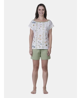Pijama Curto Feminino Sonhart Blusa Canoa  e bermuda Verde    