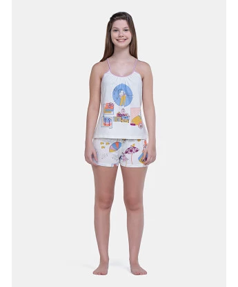 Pijama Curto Feminino Regata Alça Fina e Short Estampa Pat