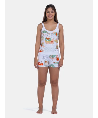 Pijama Curto Feminino Regata Alça Fina e Short Estampa Pat e Annie