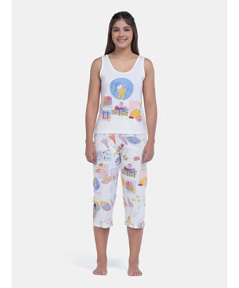 Pijama Feminino Regata Média e Calça Corsário Estampa Pat