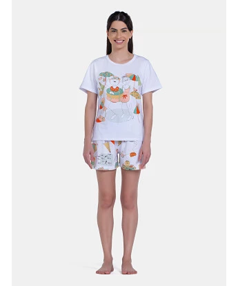 Pijama Feminino Blusa Manga Curta e Short Estampa Pat e Annie