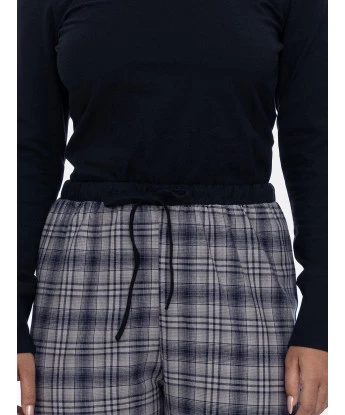 Pijama Feminino Manga Longa e Calça Xadrez Preta