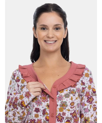 Pijama Feminino Adulto Blusa Botões Manga Longa e Calça Floral