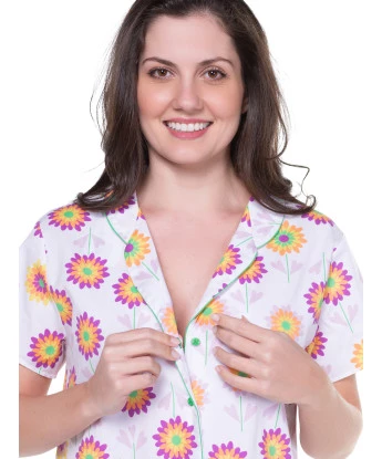 Camisola Feminina Com Botões Manga Curta Estampa Floral 