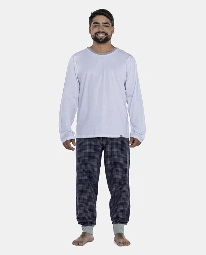 Pijama Masculino Adulto Manga Longa e Calça Flanelada Com Punhos