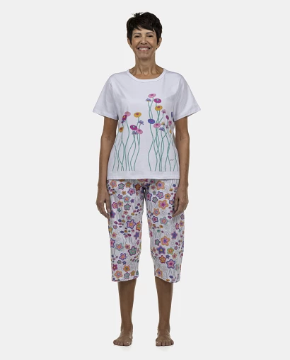 Pijama Feminino Adulto Manga Curta e Corsário