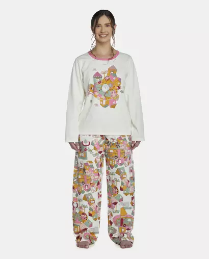 Pijama Feminino Adulto Manga Longa e Calça Moletinho
