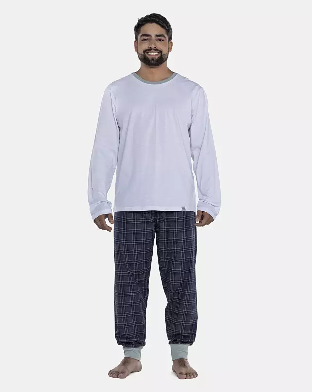 Pijama Masculino Adulto Manga Longa e Calça Flanelada Com Punhos