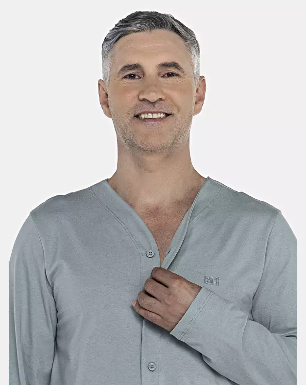 Pijama Masculino Adulto Manga Longa Com Abertura Frontal e Calça