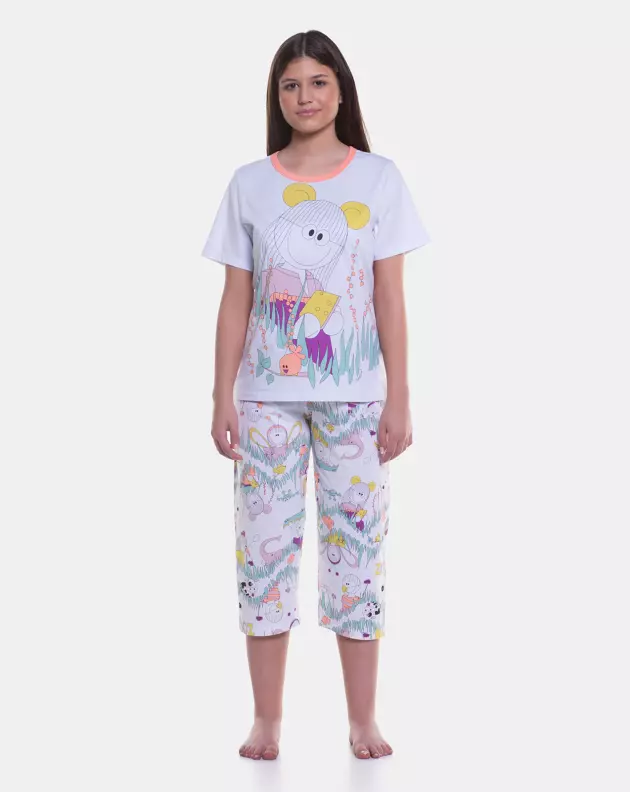 Pijama Feminino Adulto Manga Curta e Corsário