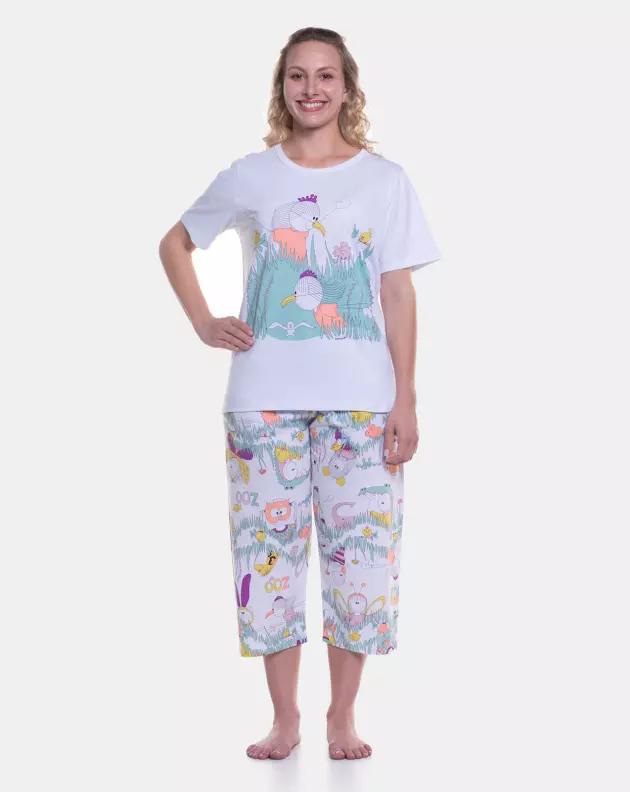 Pijama Feminino Adulto Manga Curta e Corsário