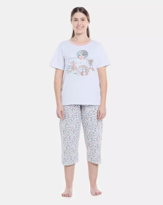 Pijama Feminino Adulto Manga Curta e Corsário