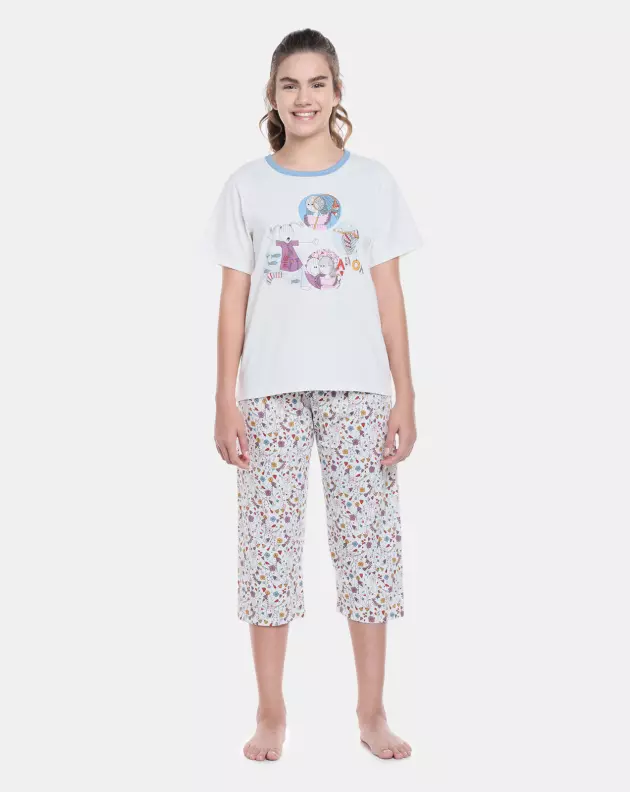 Pijama Feminino Adulto Manga Curta e Corsário