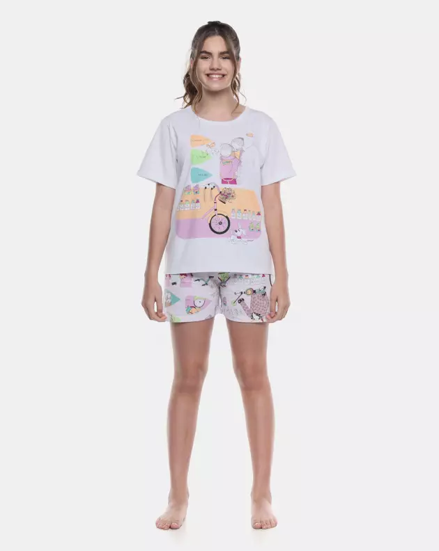 Pijama Feminino Manga Curta e Short Pat e Annie