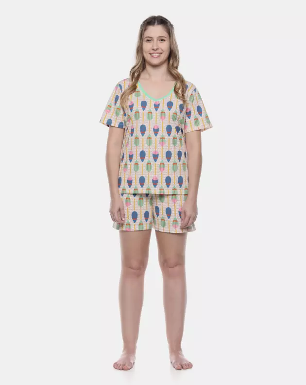 Pijama Feminino Adulto Manga Curta Decote V e Short
