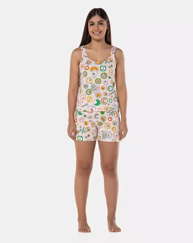 Pijama Feminino Curto regata Alça Larga e short Estampado