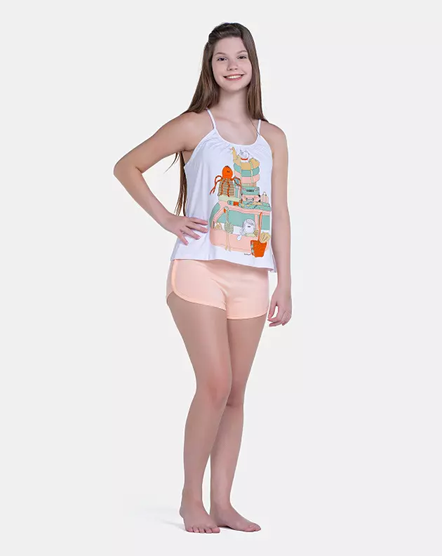 Pijama Feminino Curto Regata Alça Fina e Short Rosa Claro