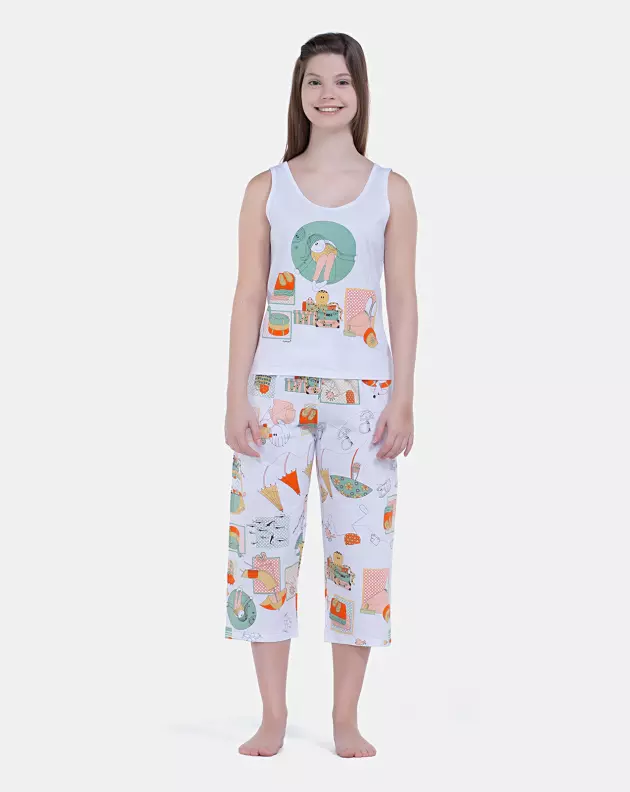 Pijama Feminino Regata Média e Calça Corsário Estampada