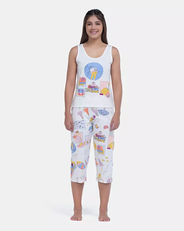 Pijama Feminino Regata Média e Calça Corsário Estampa Pat