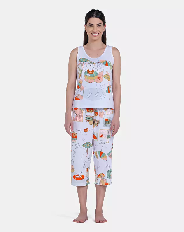 Pijama Feminino Regata Média e Calça Corsário Estampada