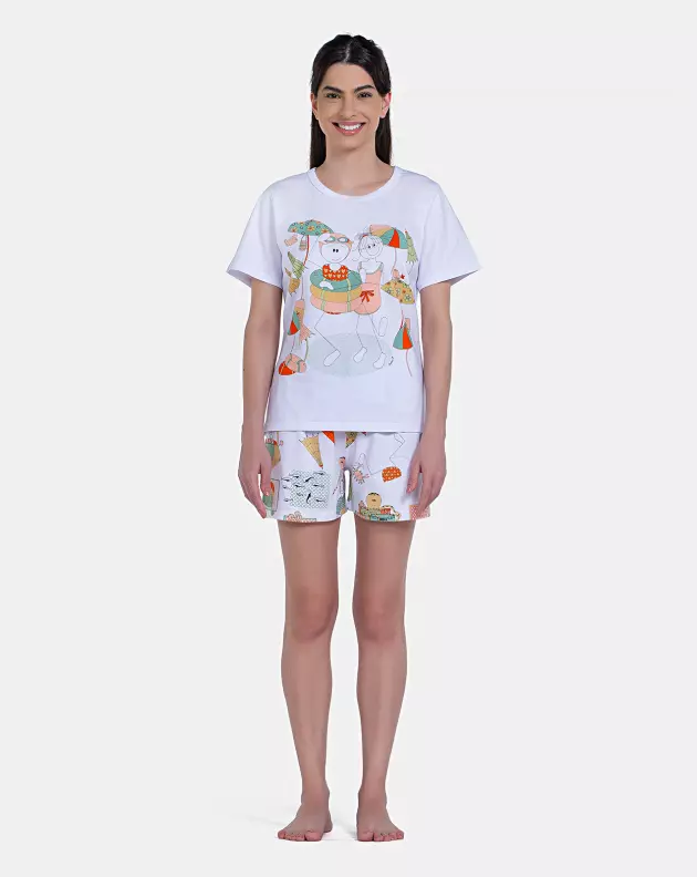 Pijama Feminino Blusa Manga Curta e Short Estampa Pat e Annie