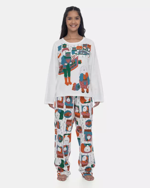 Pijama Feminino Adulto Manga Longa e Calça Estampada
