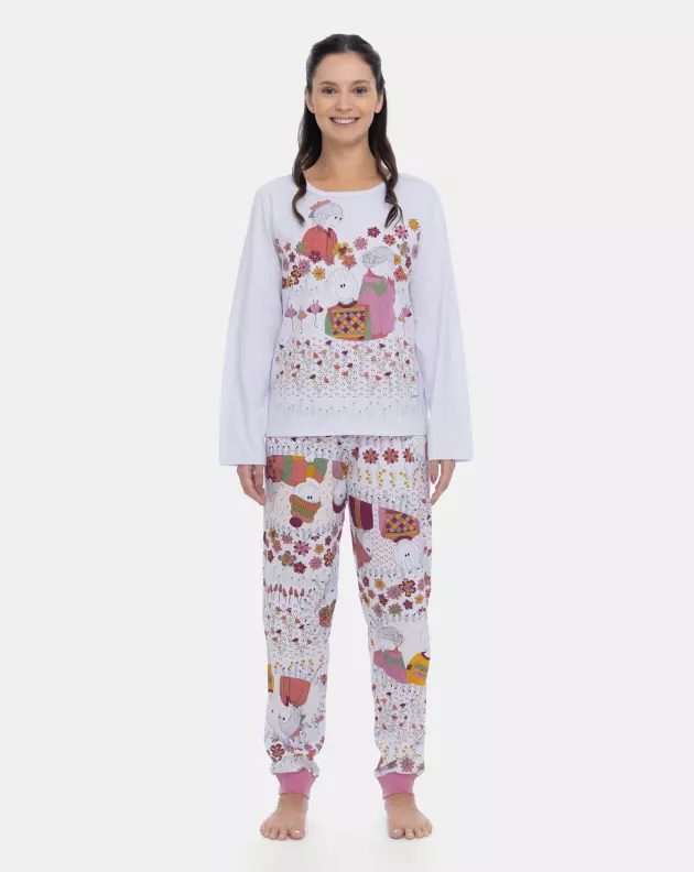 Pijama Feminino Adulto Manga Longa e Calça Estampada