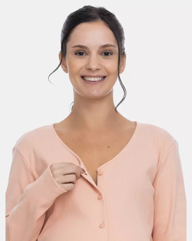 Pijama Gestante Blusa V Botões Manga Longa e Calça Estampa Pat e Annie