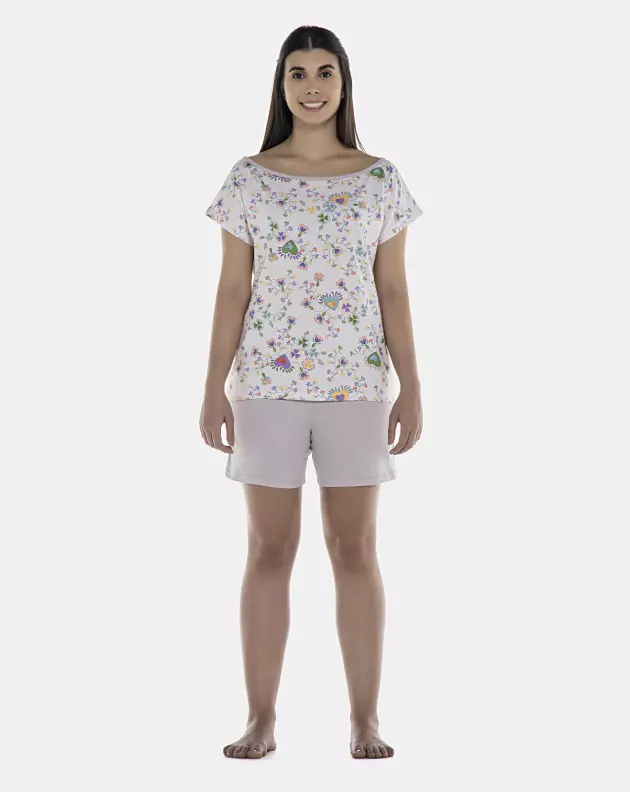 Pijama Feminino Adulto Manga Curta e Bermuda