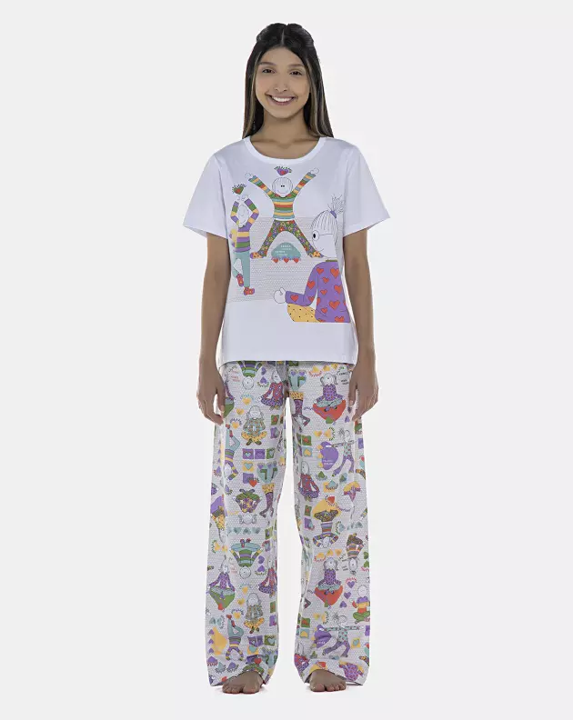 Pijama Feminino Adulto Manga Curta e Calça