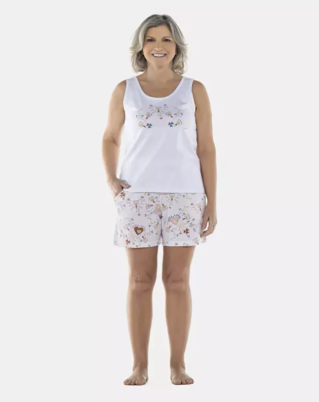 Pijama Feminino Adulto Regata e Bermuda com Bolsos