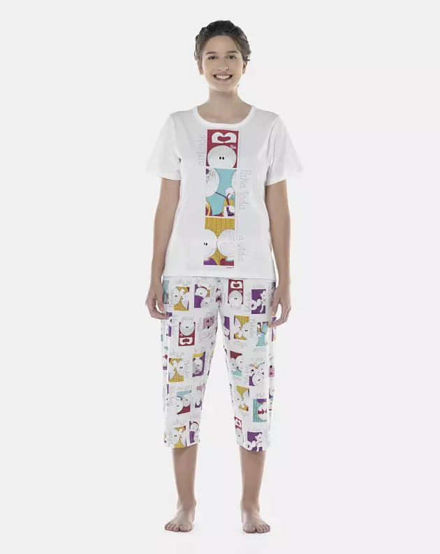Pijama Feminino Adulto Manga Curta e Corsário