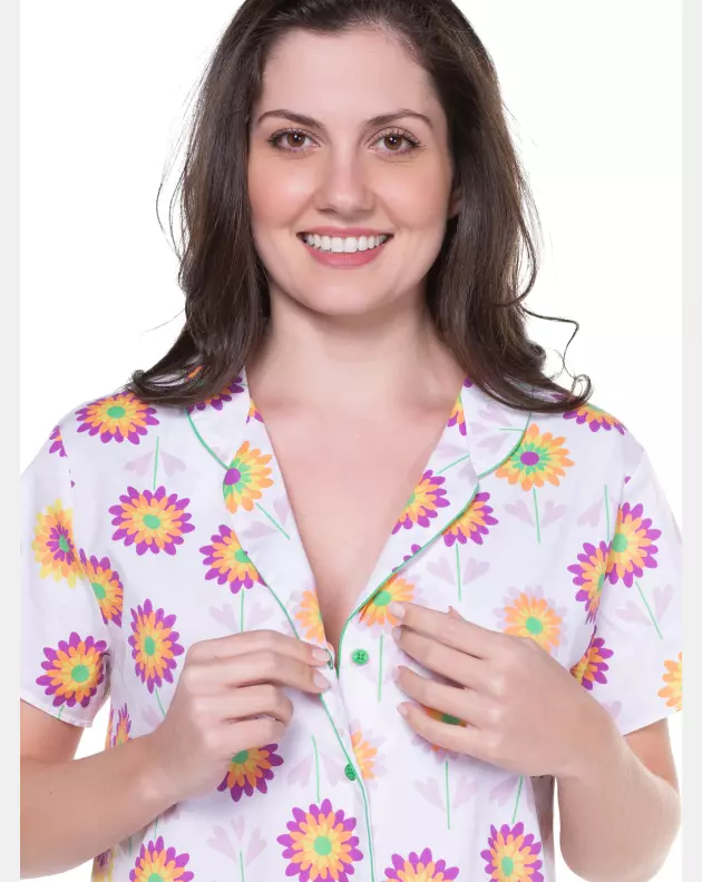 Camisola Feminina Com Botões Manga Curta Estampa Floral 